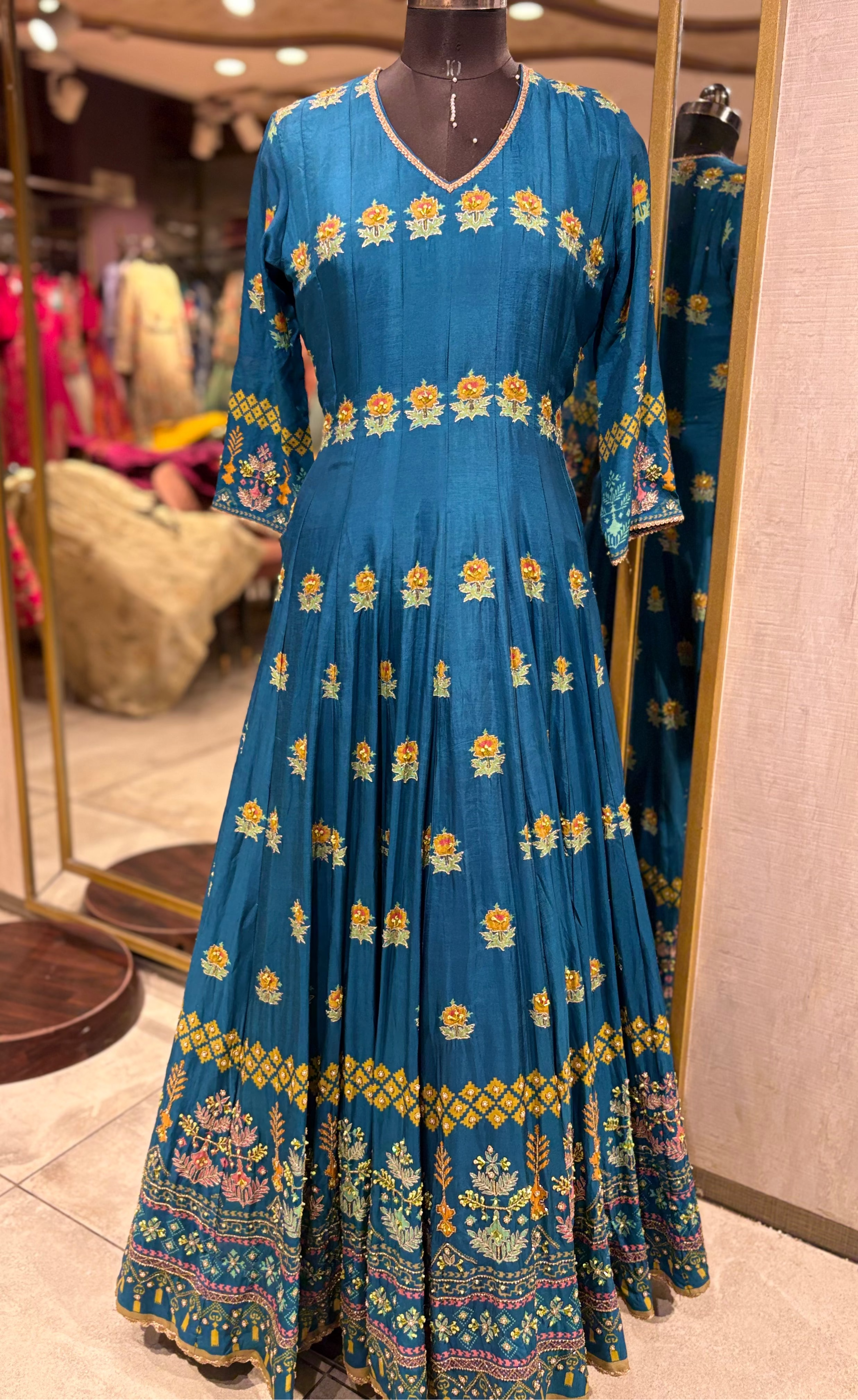 Teal Anarkali Gown with Floral Jaal (0675 R-38) Main image