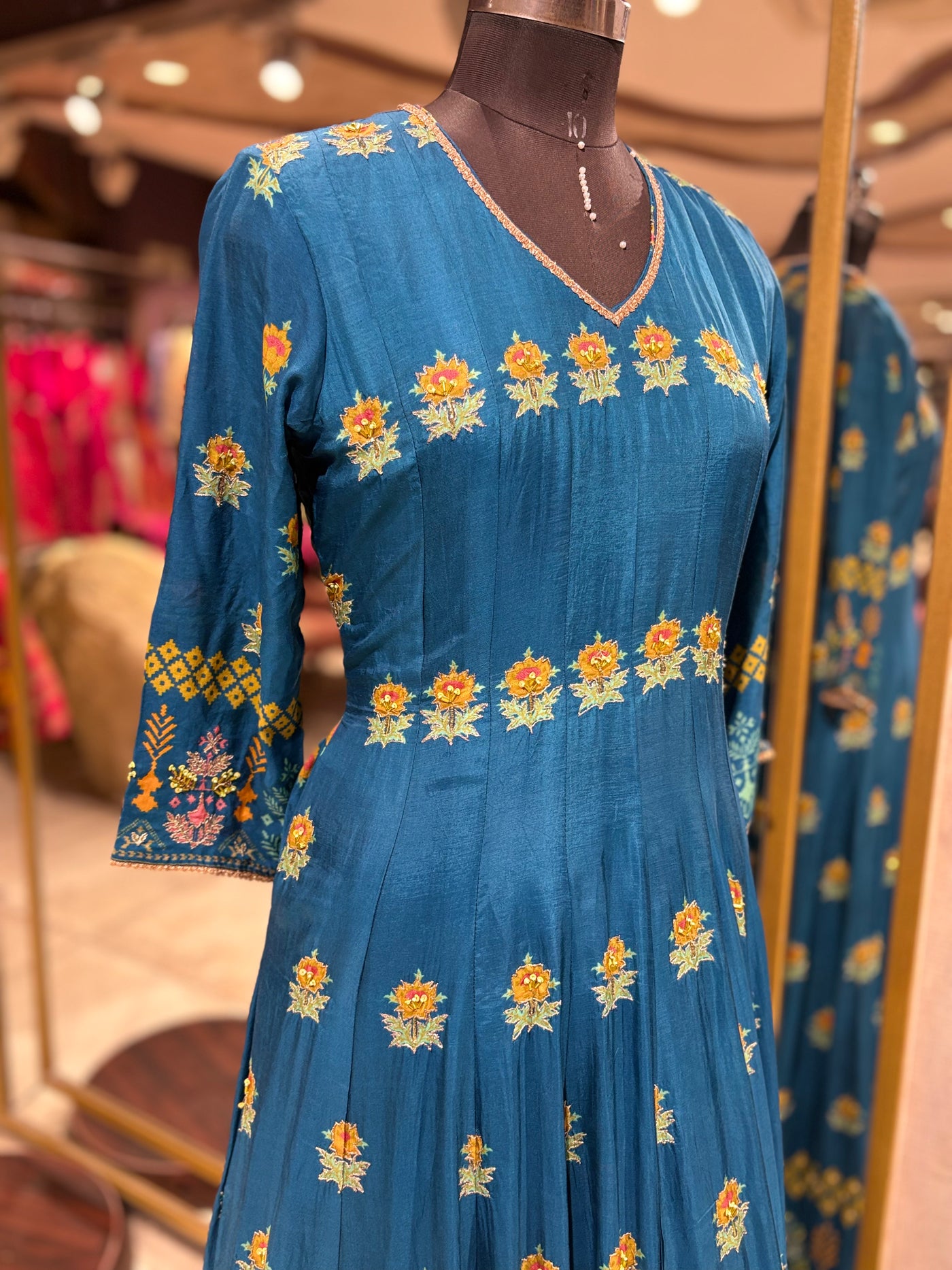 Teal Anarkali Gown with Floral Jaal (0675 R-38)