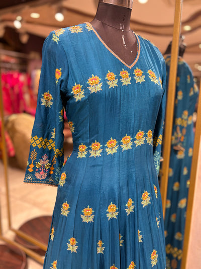 Teal Anarkali Gown with Floral Jaal (0675 R-38)