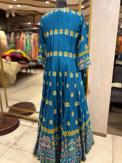 Teal Anarkali Gown with Floral Jaal (0675 R-38)