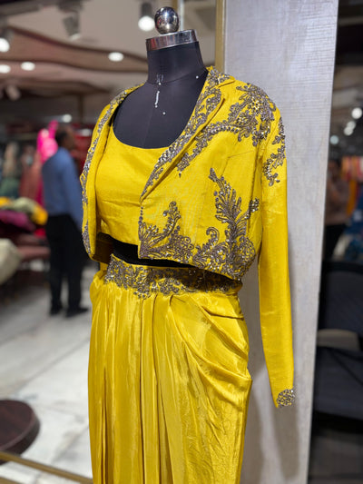 Bold Yellow Skirt Set with Embellished Jacket (21040 M-112)