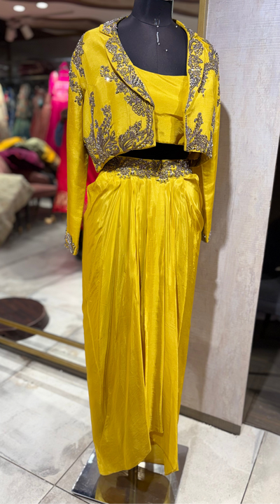 Bold Yellow Skirt Set with Embellished Jacket (21040 M-112)