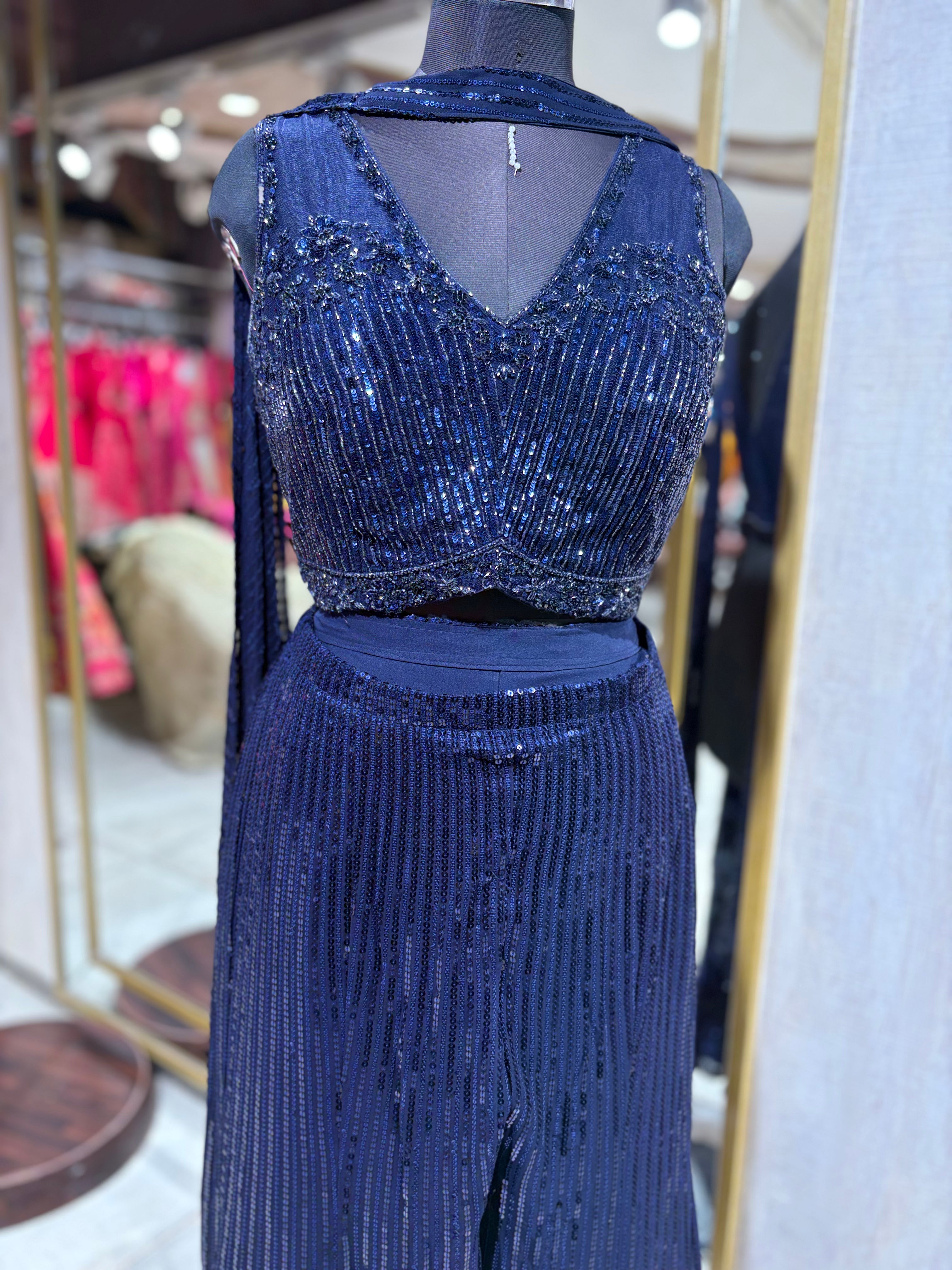 Midnight Blue Sequin Co-ord Set with Palazzo Pants (JM-2874 M-33)
