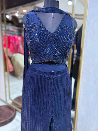 Midnight Blue Sequin Co-ord Set with Palazzo Pants (JM-2874 M-33)