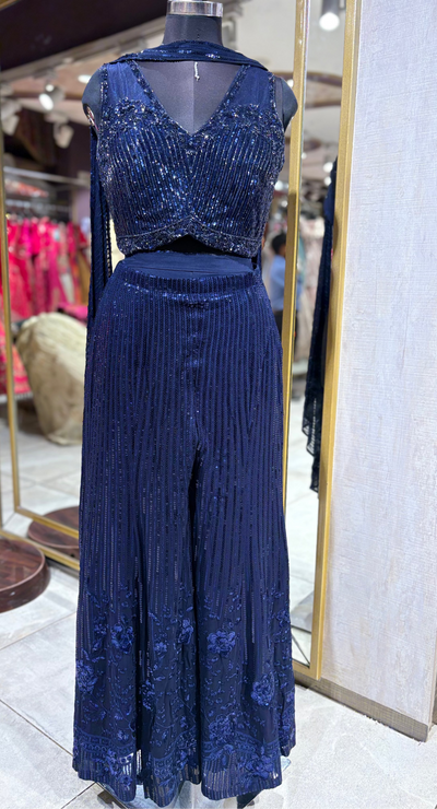 Midnight Blue Sequin Co-ord Set with Palazzo Pants (JM-2874 M-33)
