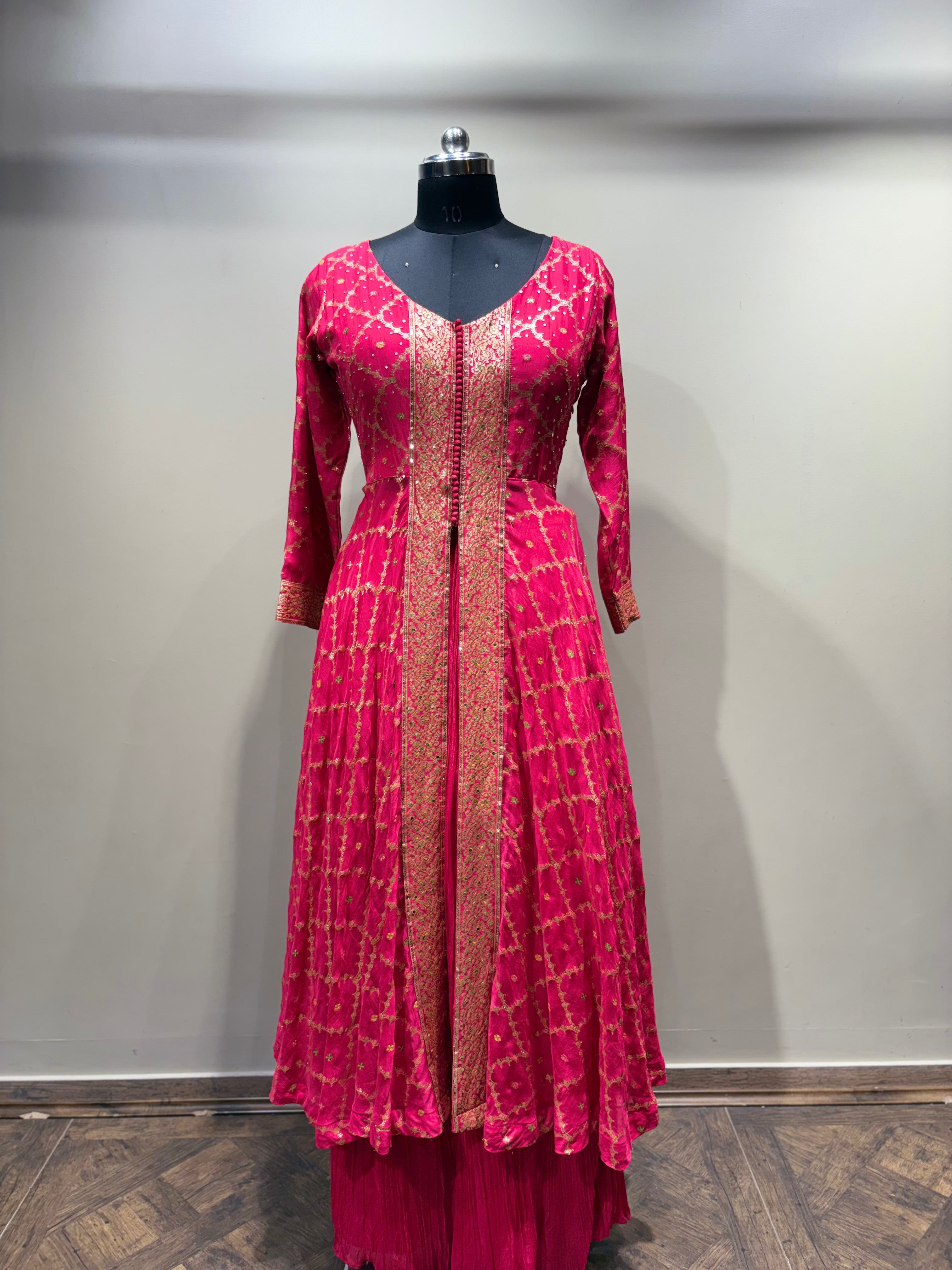 Rani Pink Anarkali Suit with Gold Brocade (Kurti and Dupatta) - 3142 M-108