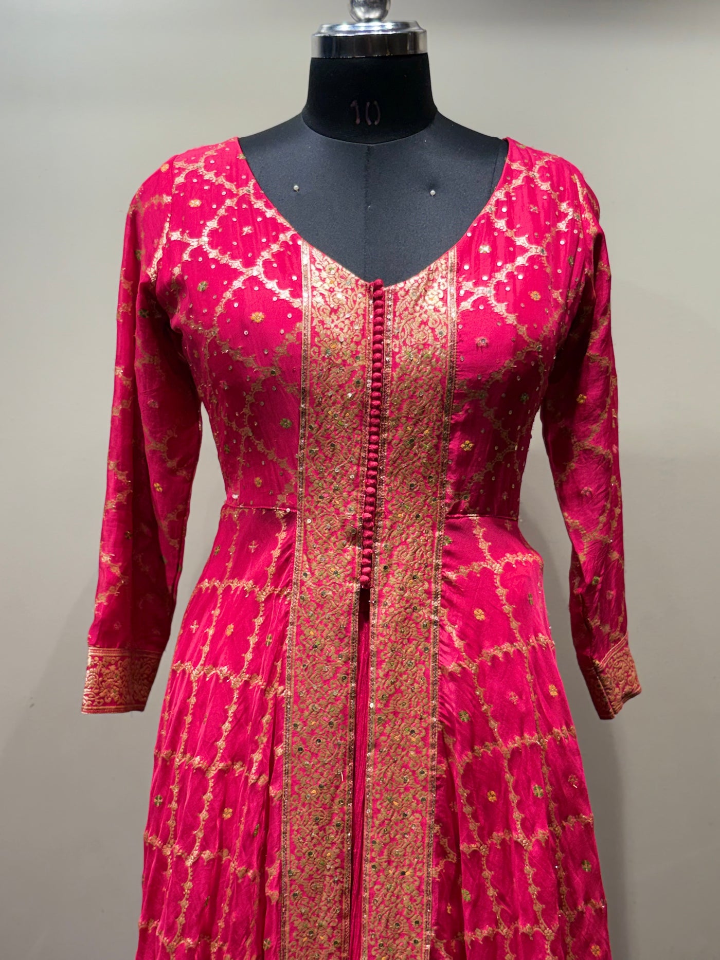 Rani Pink Anarkali Suit with Gold Brocade (Kurti and Dupatta) - 3142 M-108