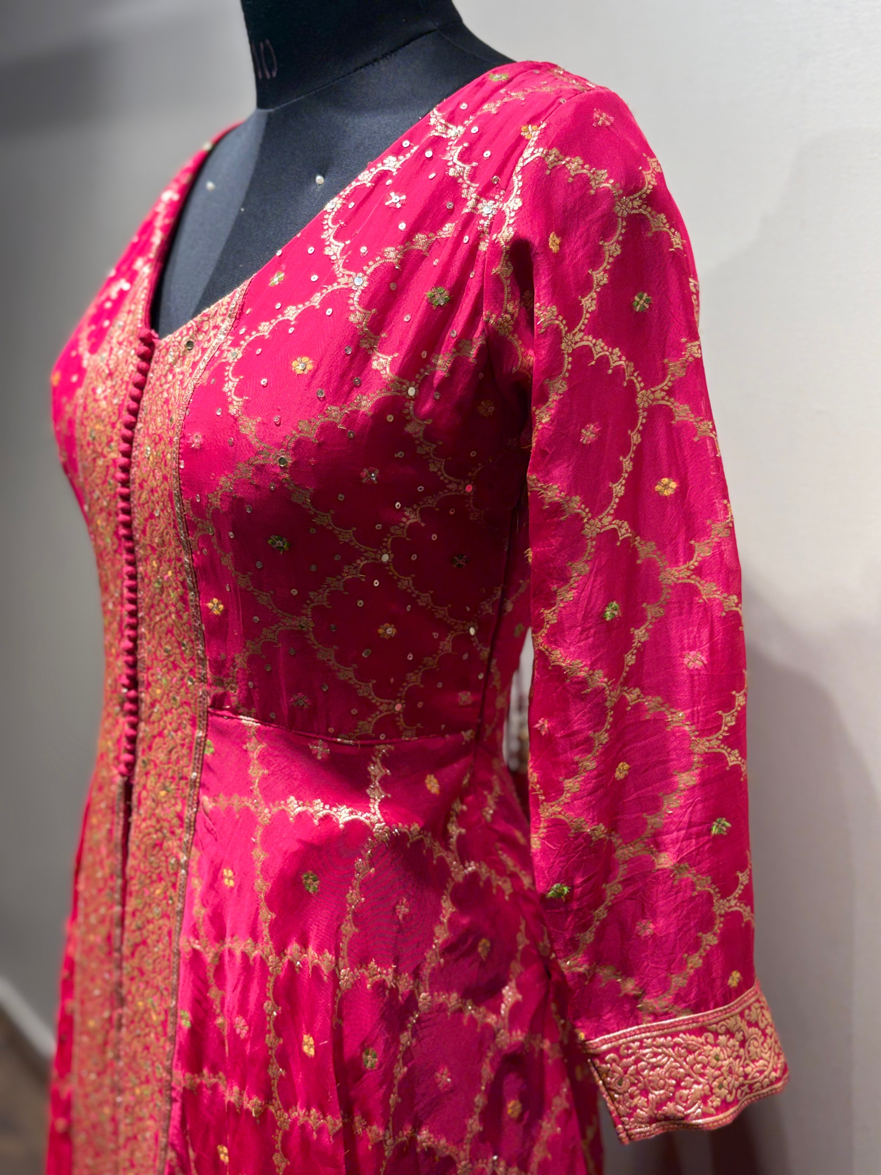 Rani Pink Anarkali Suit with Gold Brocade (Kurti and Dupatta) - 3142 M-108