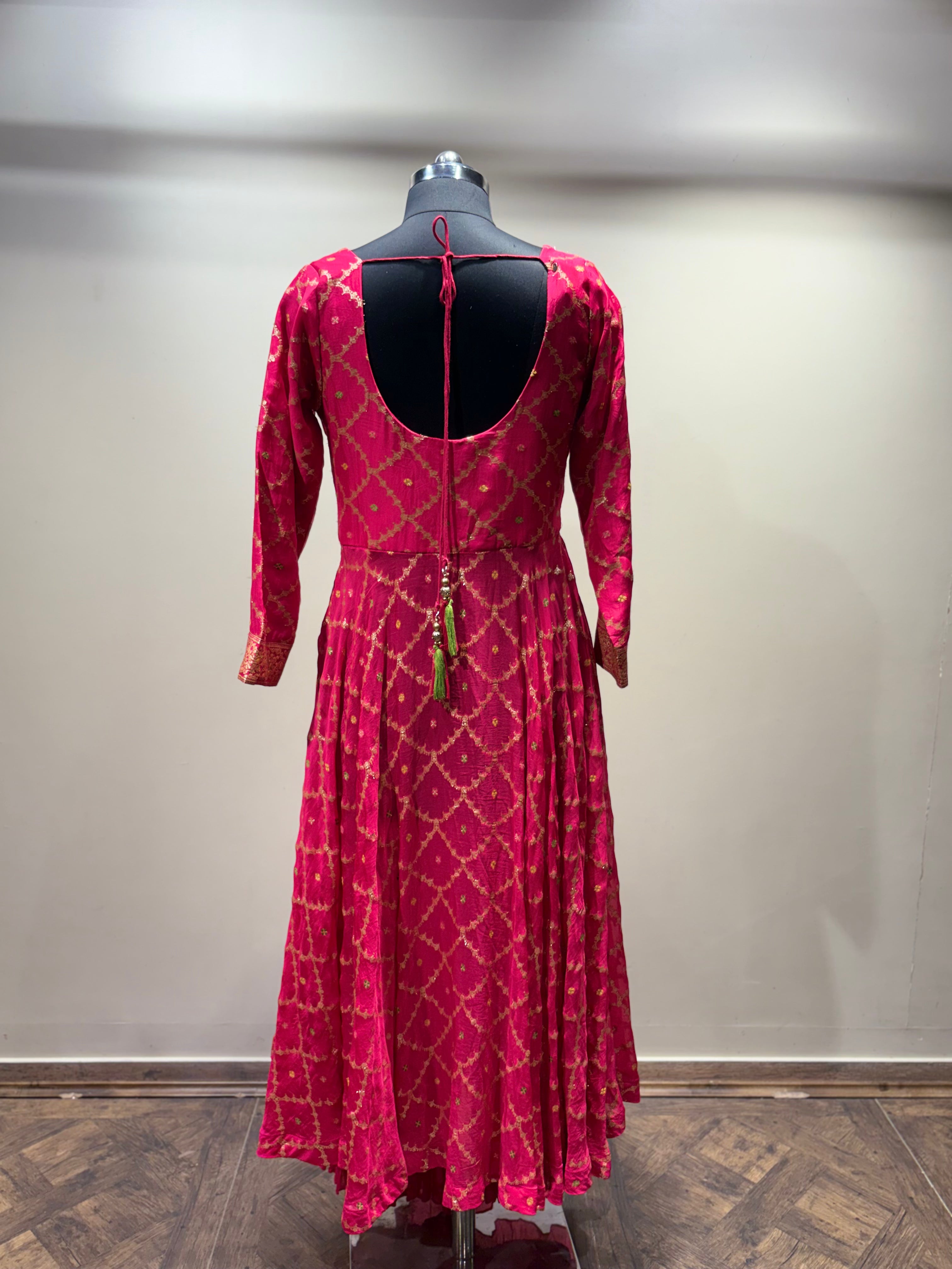 Rani Pink Anarkali Suit with Gold Brocade (Kurti and Dupatta) - 3142 M-108