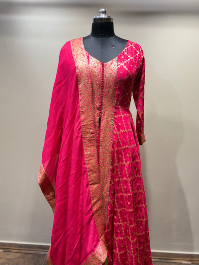 Rani Pink Anarkali Suit with Gold Brocade (Kurti and Dupatta) - 3142 M-108