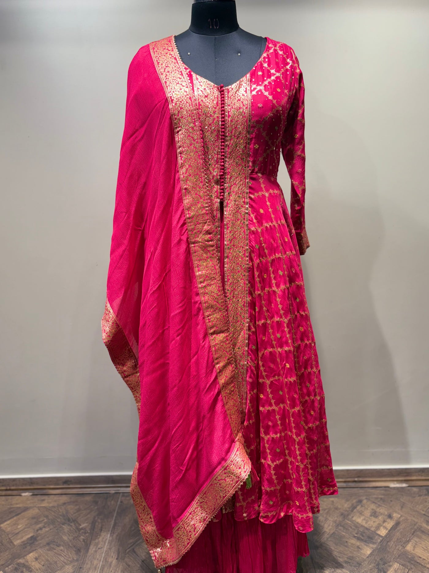 Rani Pink Anarkali Suit with Gold Brocade (Kurti and Dupatta) - 3142 M-108