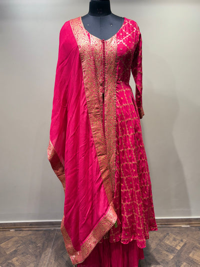 Rani Pink Anarkali Suit with Gold Brocade (Kurti and Dupatta) - 3142 M-108