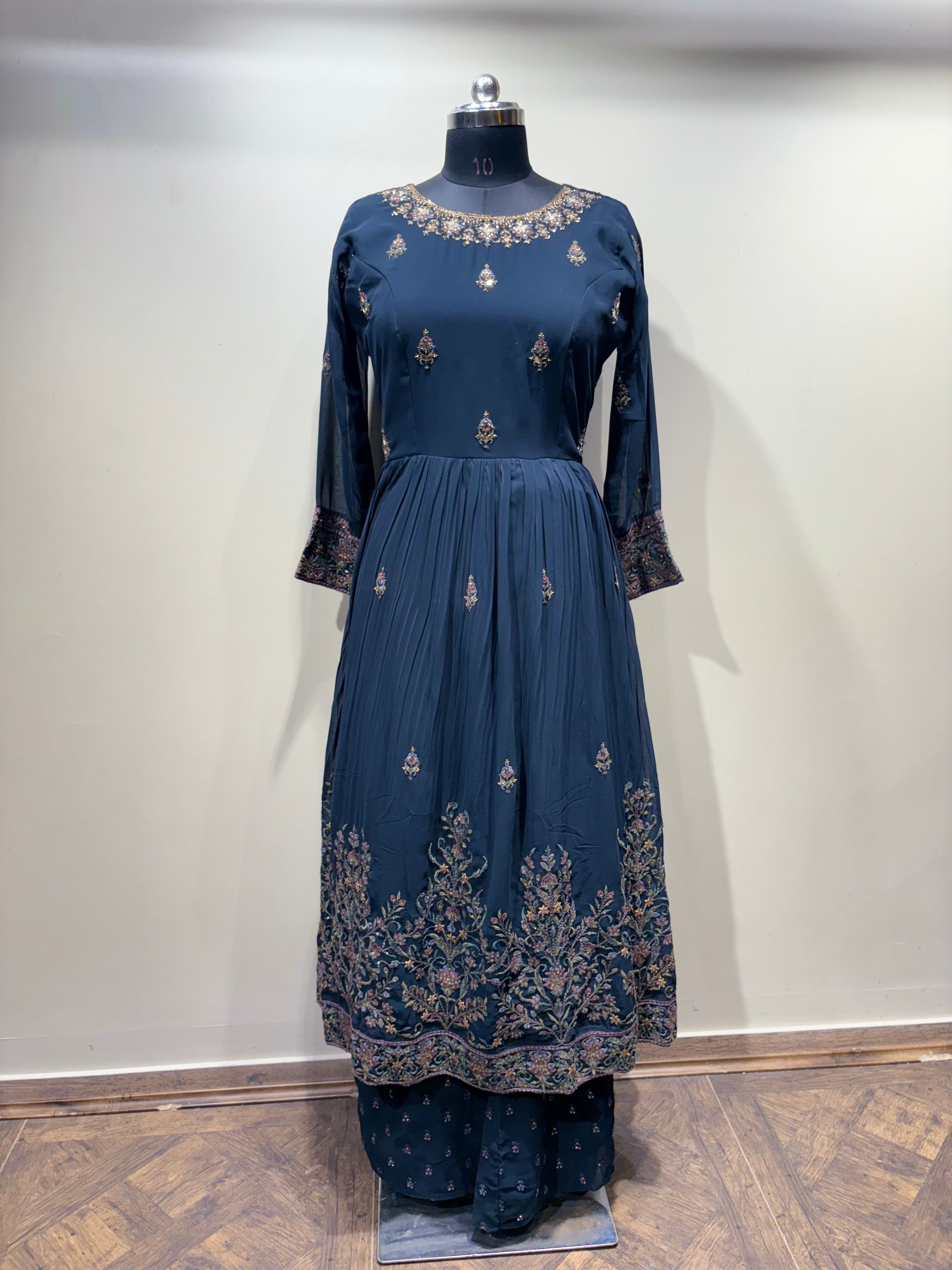 Dusky Blue Floral Print Kurti and Palazzo Suit (559 XL GA-21)