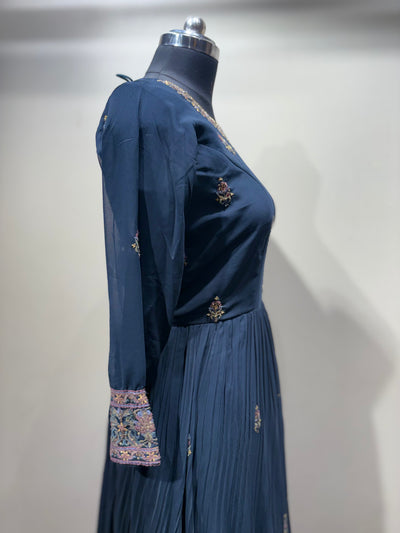 Dusky Blue Floral Print Kurti and Palazzo Suit (559 XL GA-21)