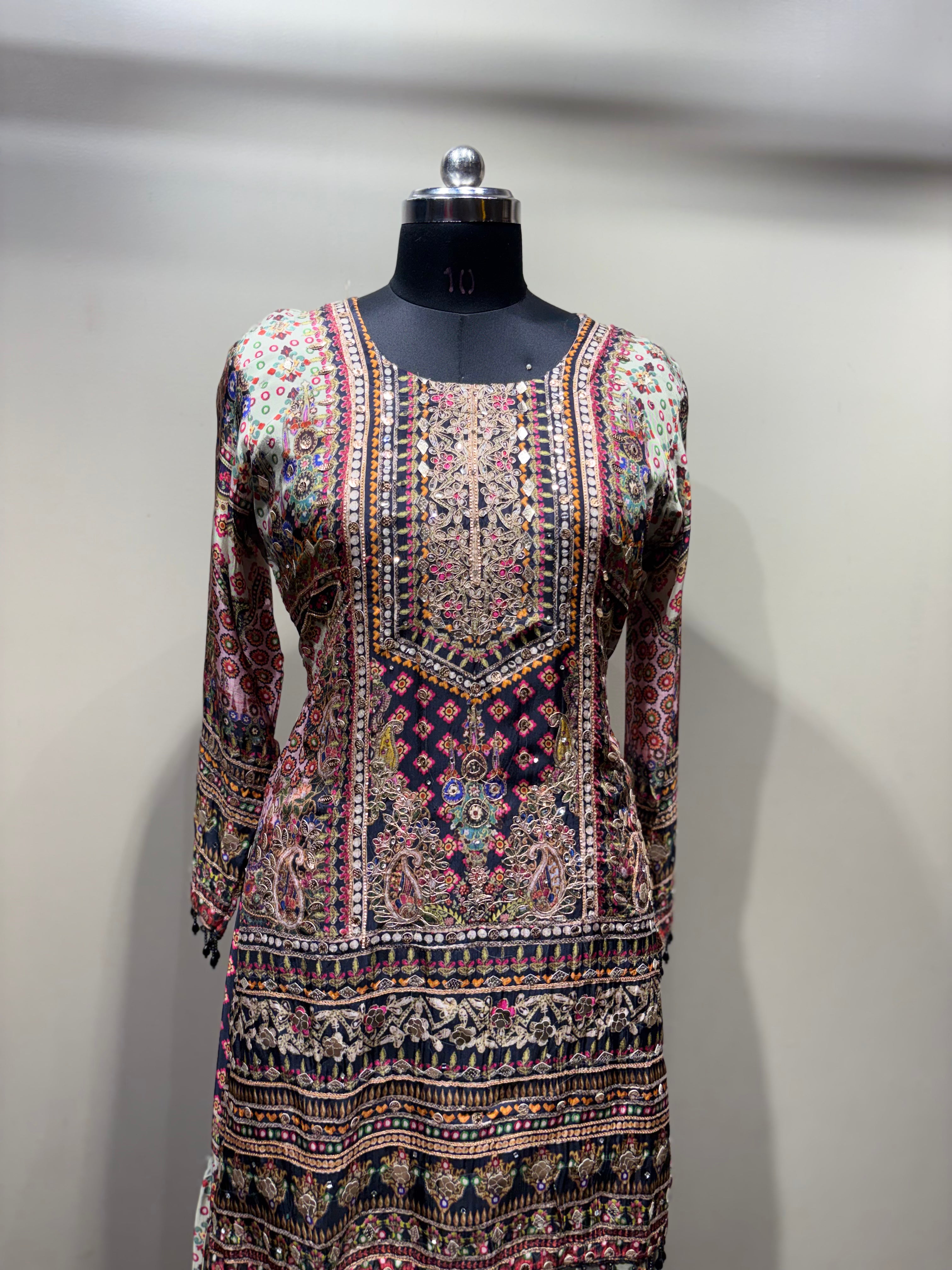 Intricate Paisley and Geometric Print Kurti Set with Tiered Sharara (1893 D-20)