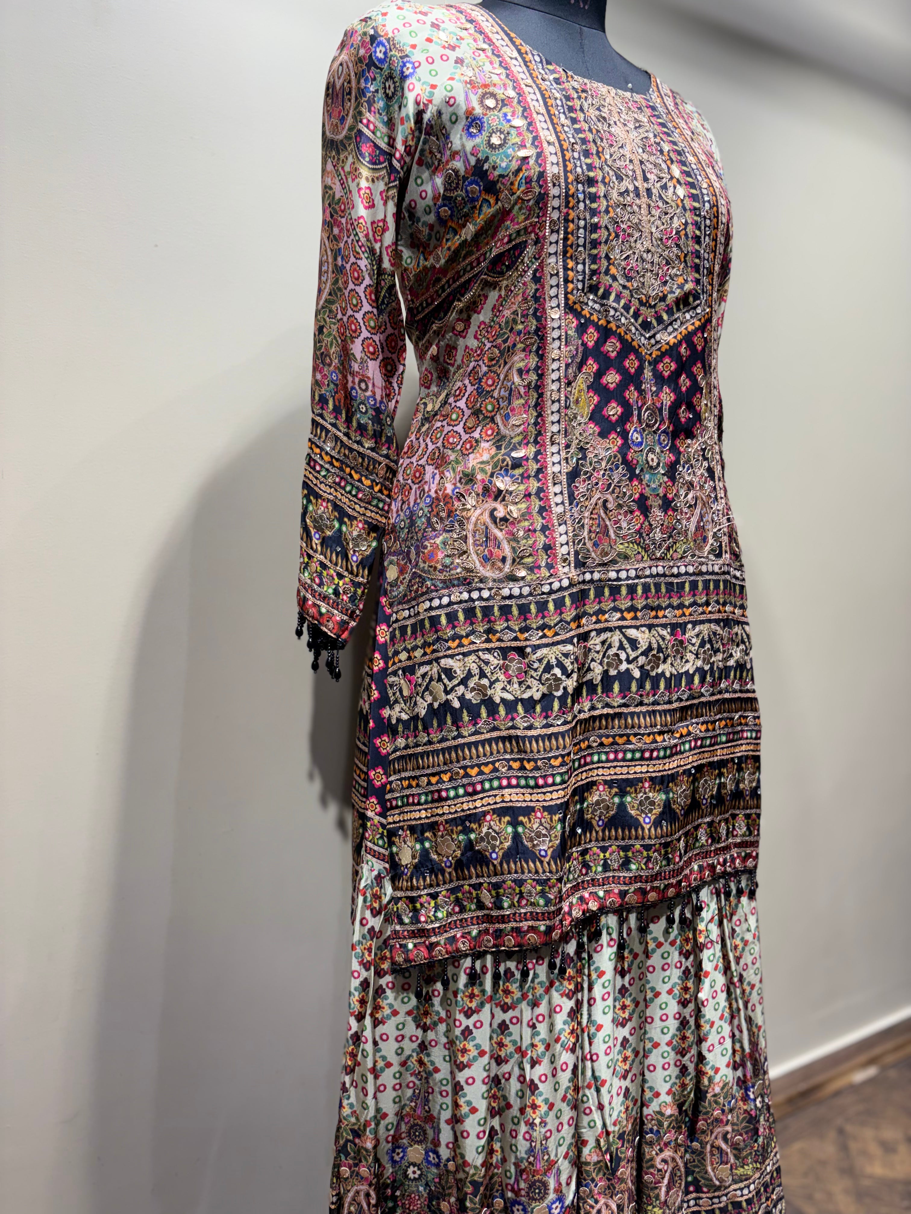 Intricate Paisley and Geometric Print Kurti Set with Tiered Sharara (1893 D-20)