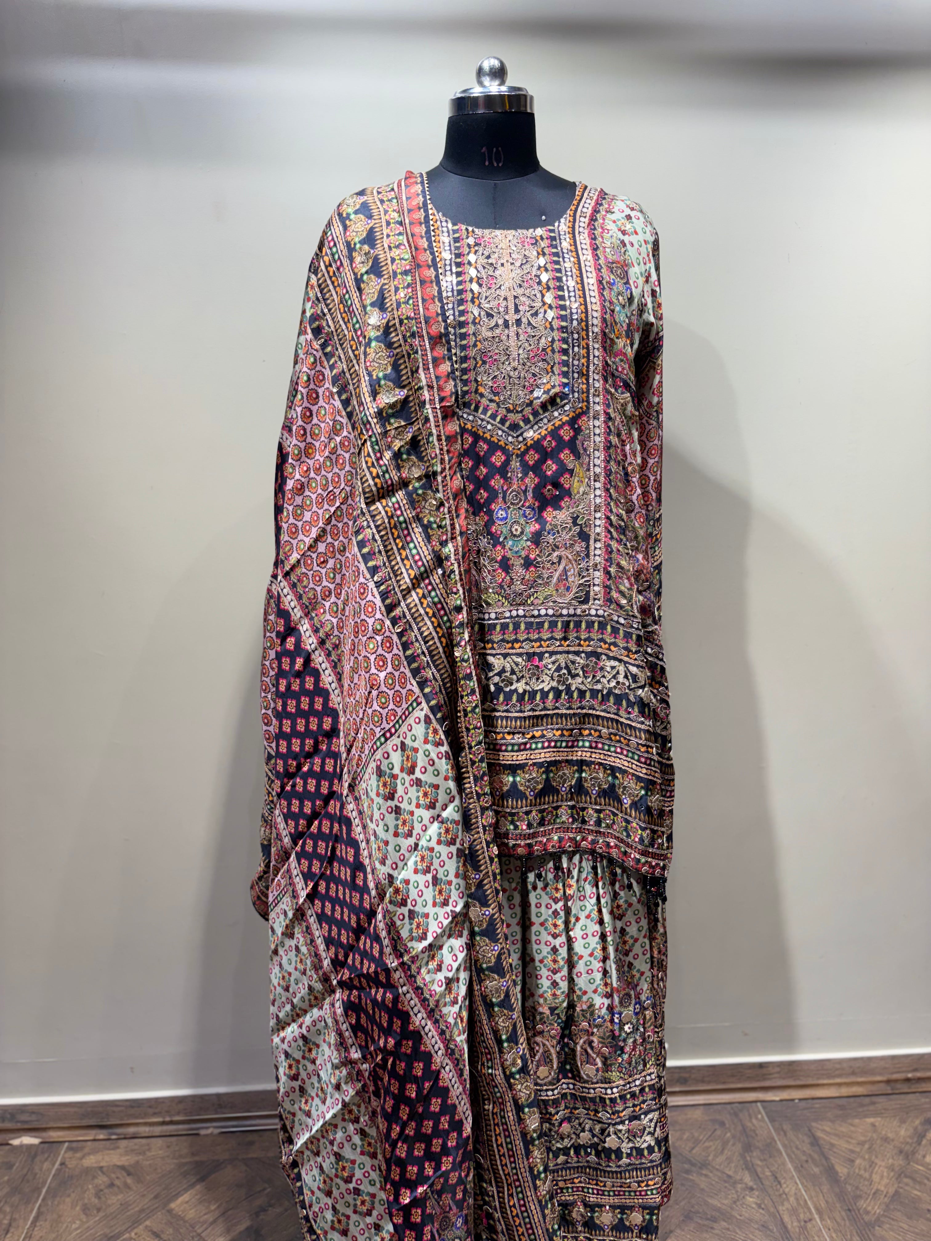 Intricate Paisley and Geometric Print Kurti Set with Tiered Sharara (1893 D-20) Main image
