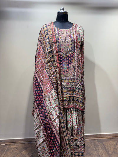Intricate Paisley and Geometric Print Kurti Set with Tiered Sharara (1893 D-20)