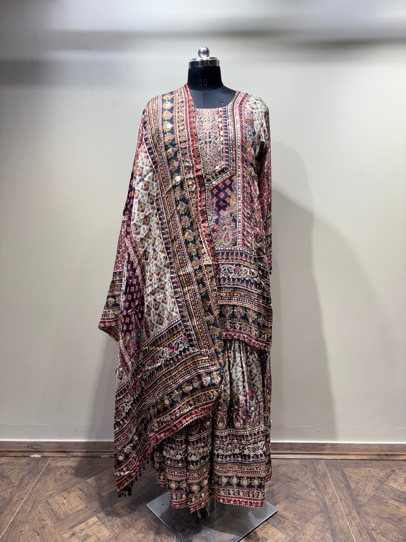 Intricate Paisley and Geometric Print Kurti Set with Tiered Sharara (1893 D-20)
