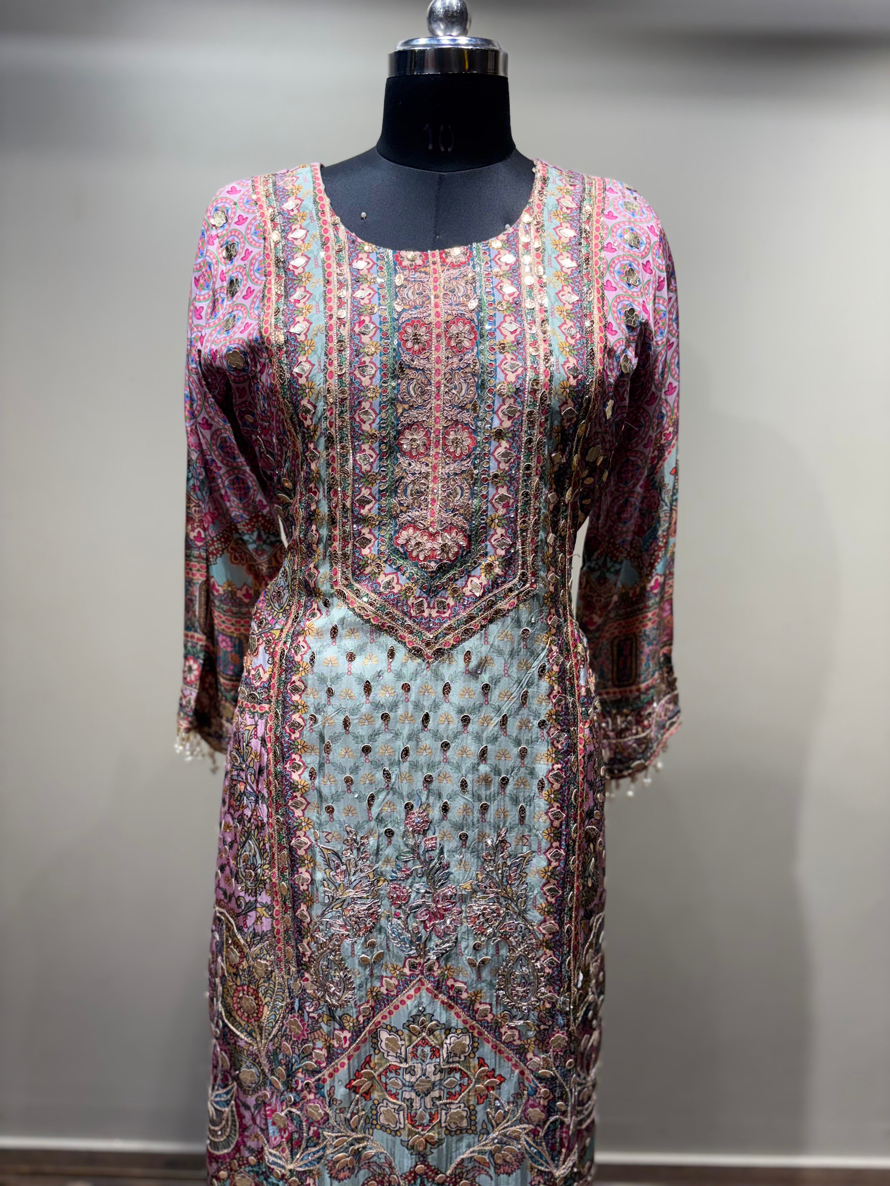 Pastel Patchwork Print Kurti Set with Solid Bottom (RR-1979 D-57)