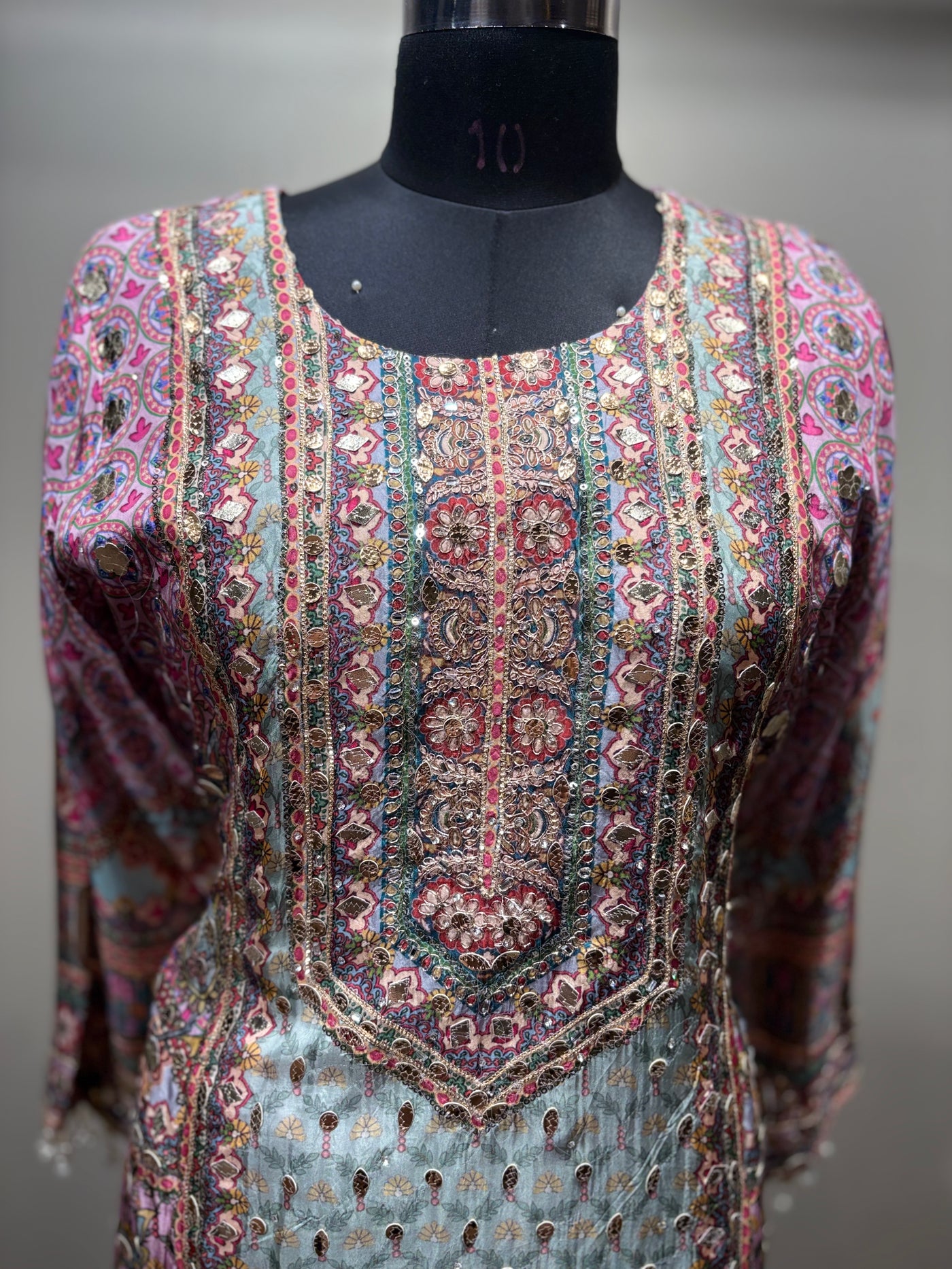 Pastel Patchwork Print Kurti Set with Solid Bottom (RR-1979 D-57)