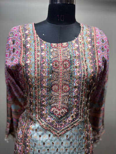 Pastel Patchwork Print Kurti Set with Solid Bottom (RR-1979 D-57)