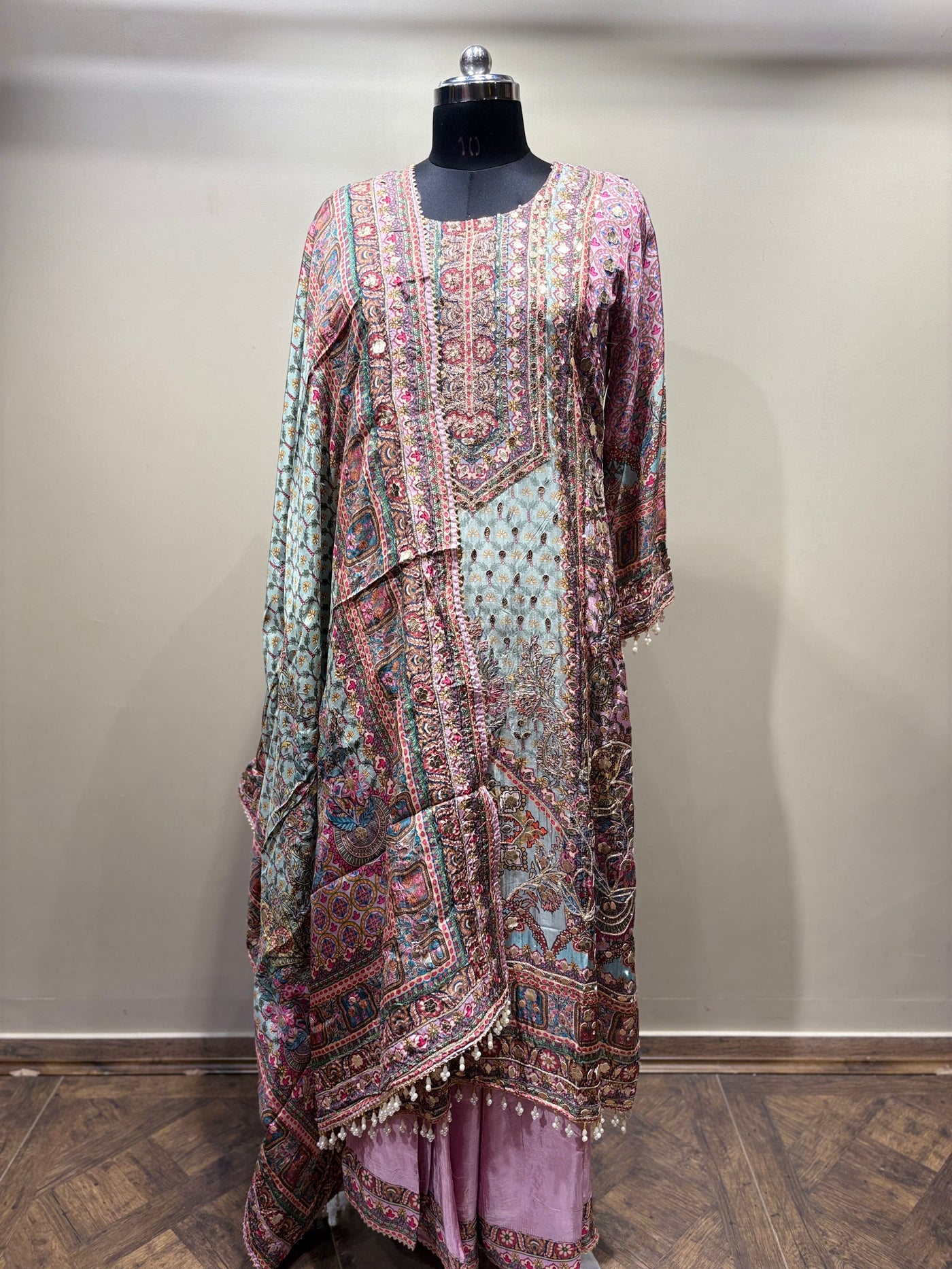 Pastel Patchwork Print Kurti Set with Solid Bottom (RR-1979 D-57)