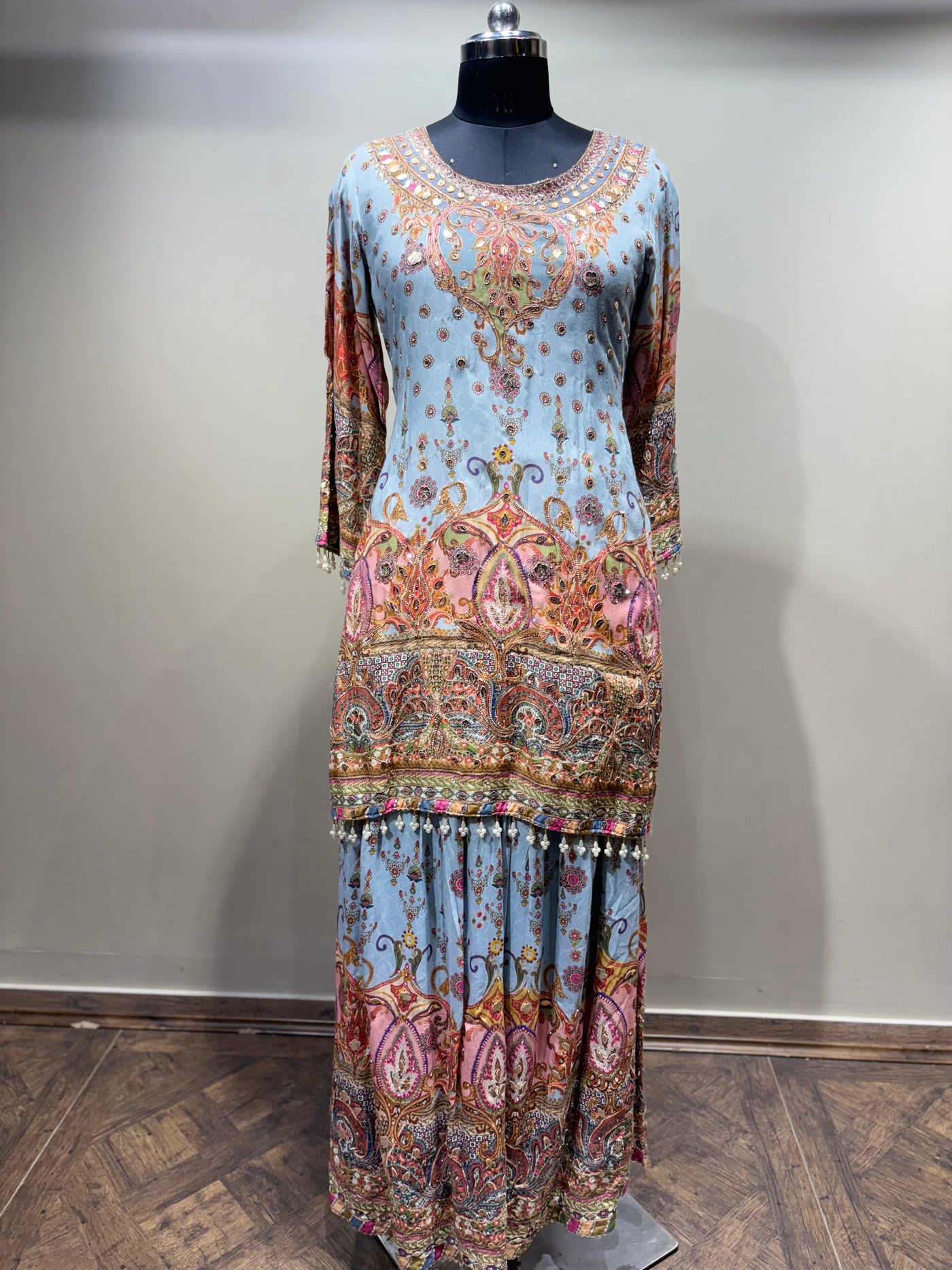 Sky Blue & Pink Paisley Print Sharara Set (RR-1975 D-57)