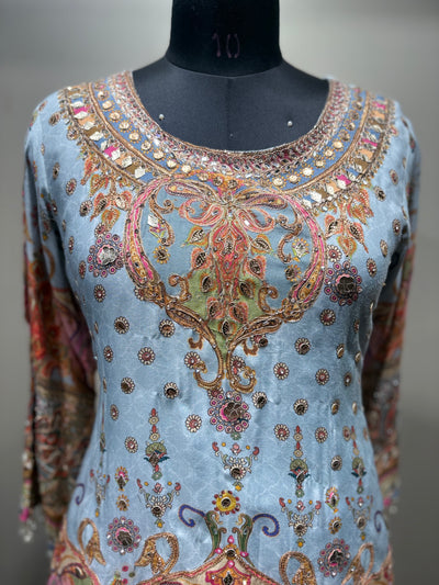 Sky Blue & Pink Paisley Print Sharara Set (RR-1975 D-57)