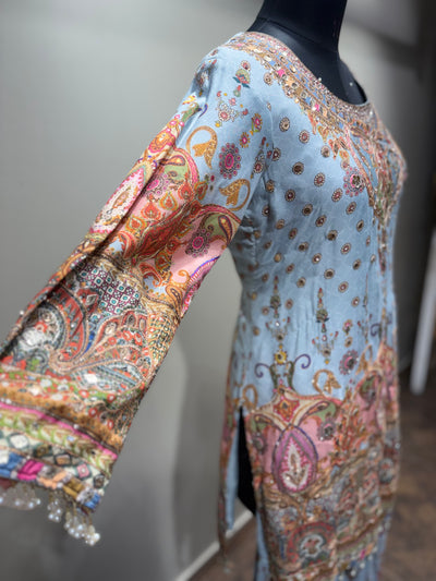 Sky Blue & Pink Paisley Print Sharara Set (RR-1975 D-57)