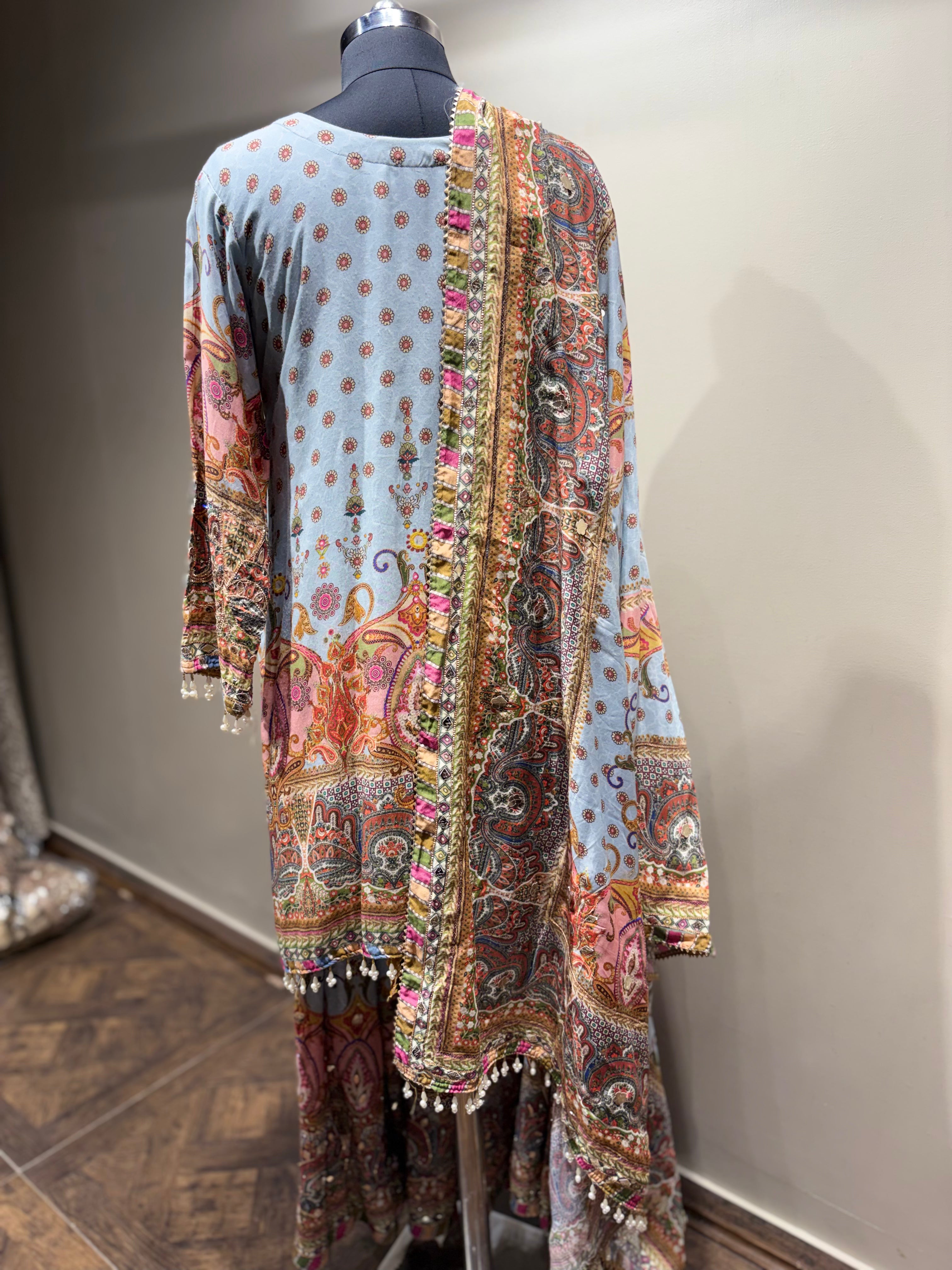 Sky Blue & Pink Paisley Print Sharara Set (RR-1975 D-57)