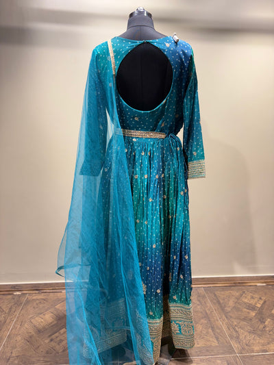 Ombre Teal & Blue Embroidered Anarkali (9203 D-26)