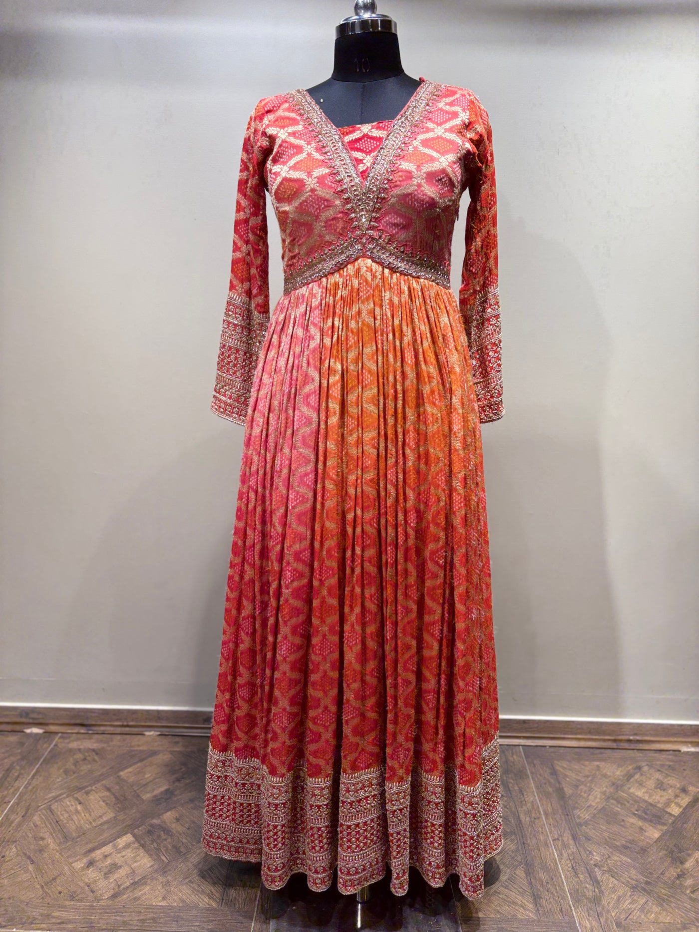 Ombre Pink and Orange Geometric Print Gown (4124 GA-21)