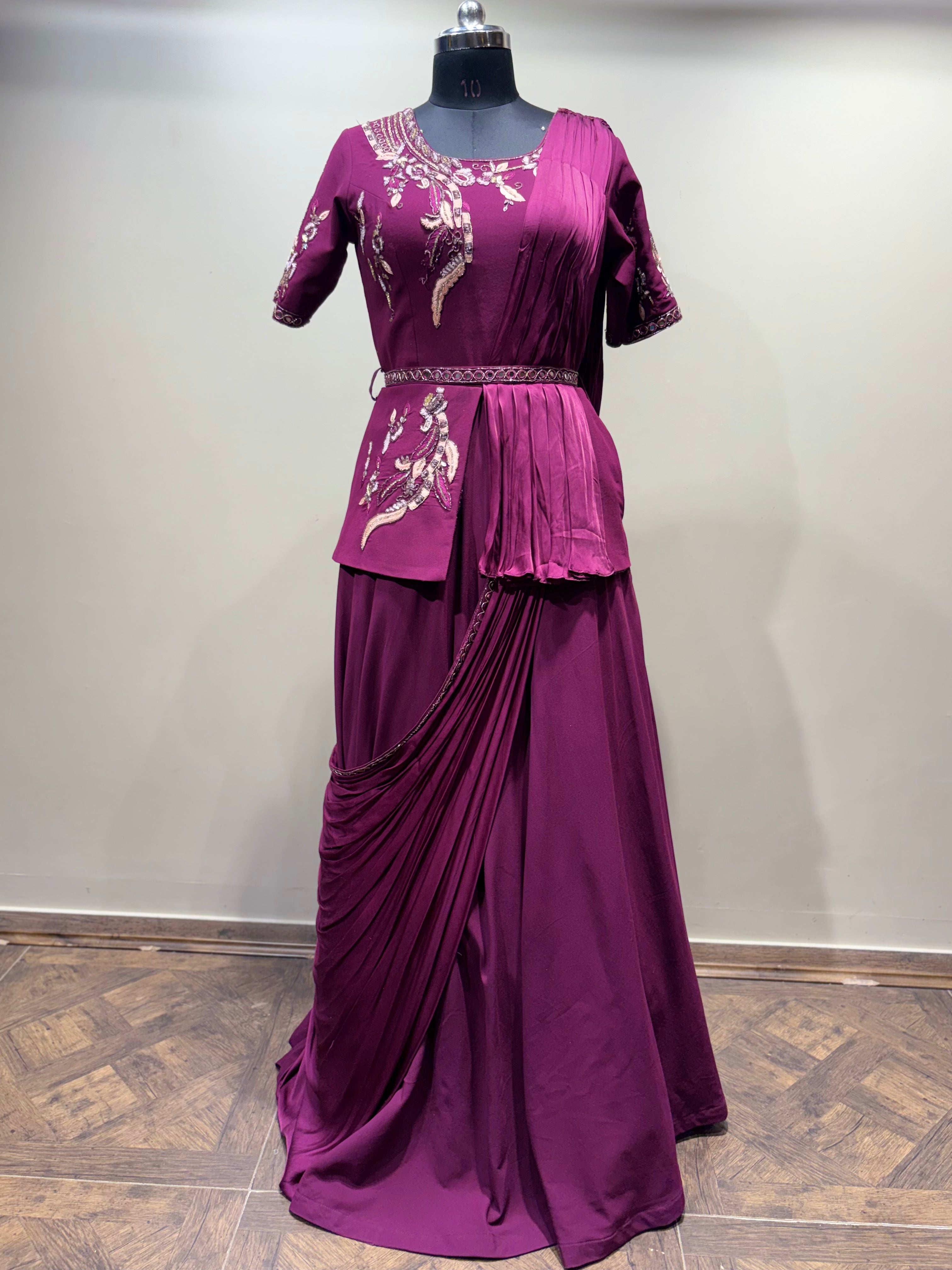 Wine Pre-Draped Saree Gown with Embroidered Peplum Top (16137 D-9) Main image