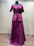 Wine Pre-Draped Saree Gown with Embroidered Peplum Top (16137 D-9)