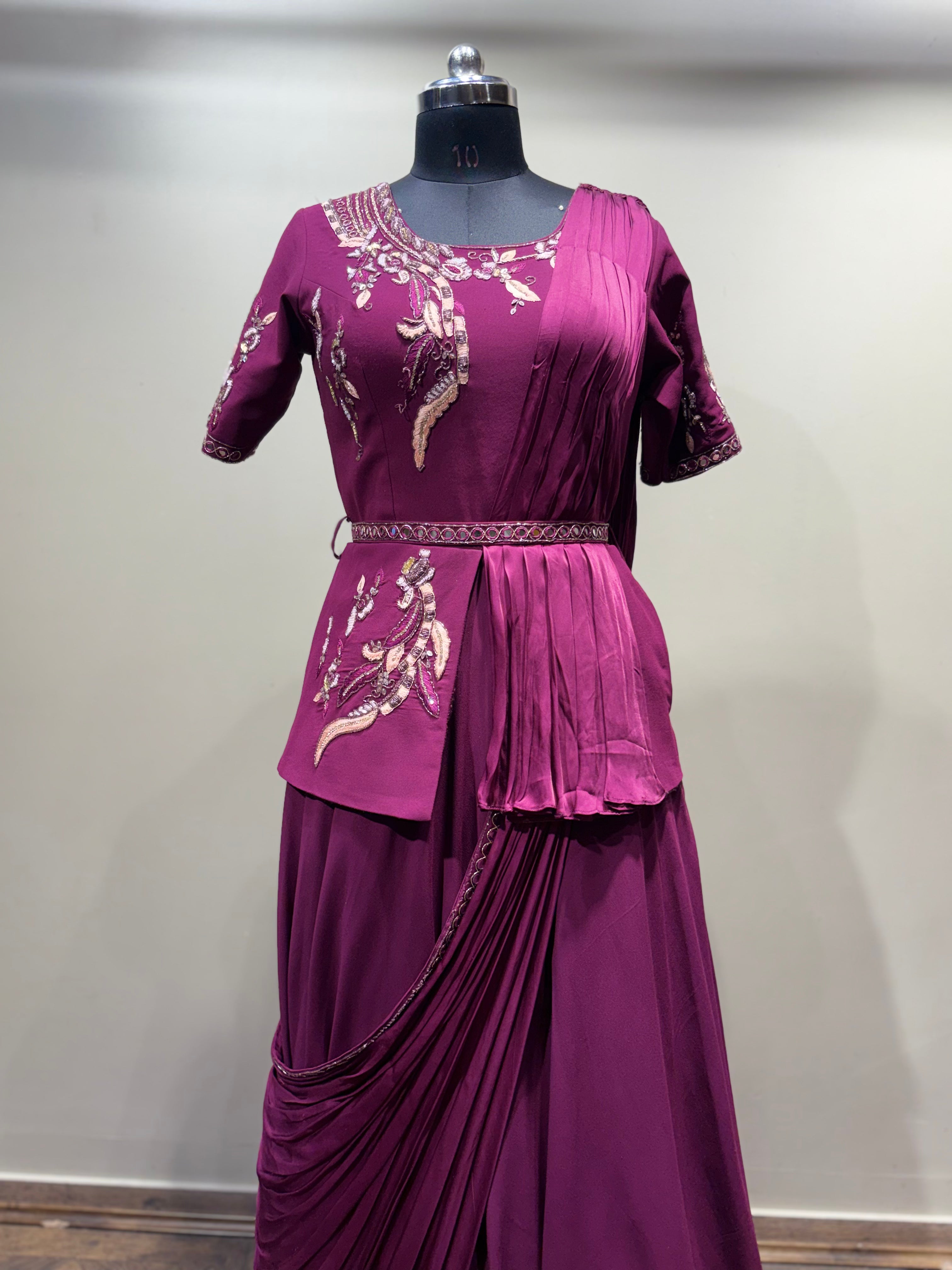 Wine Pre-Draped Saree Gown with Embroidered Peplum Top (16137 D-9)