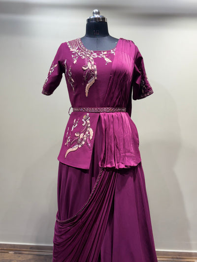 Wine Pre-Draped Saree Gown with Embroidered Peplum Top (16137 D-9)