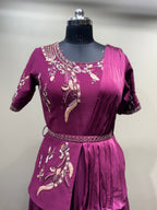 Wine Pre-Draped Saree Gown with Embroidered Peplum Top (16137 D-9)