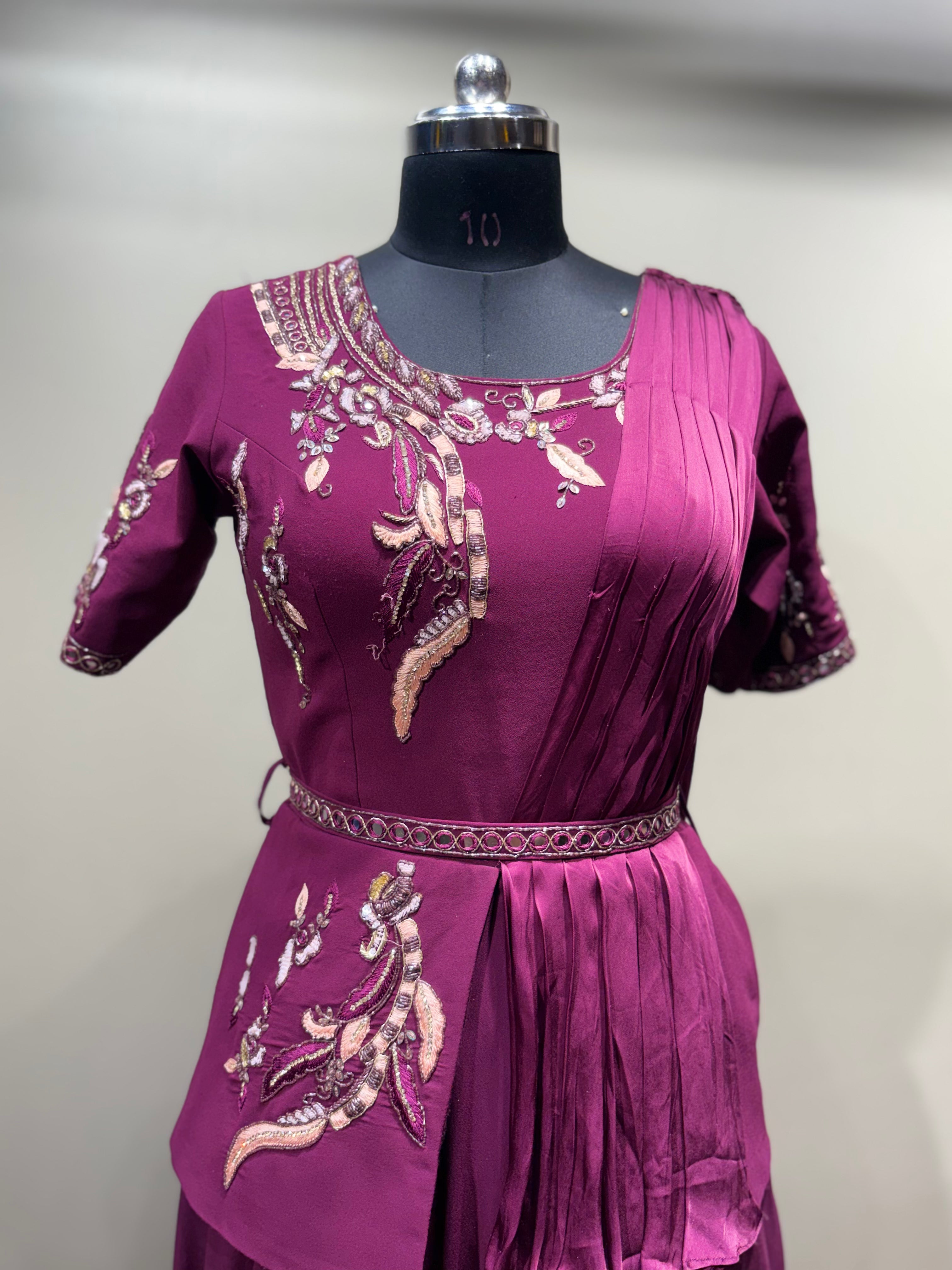 Wine Pre-Draped Saree Gown with Embroidered Peplum Top (16137 D-9)