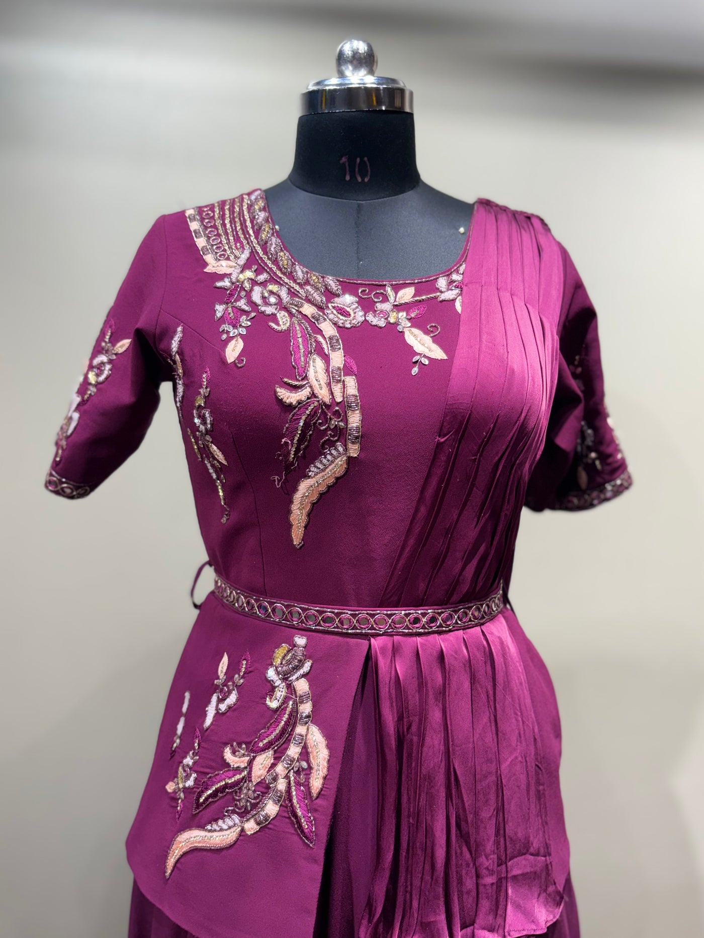 Wine Pre-Draped Saree Gown with Embroidered Peplum Top (16137 D-9)