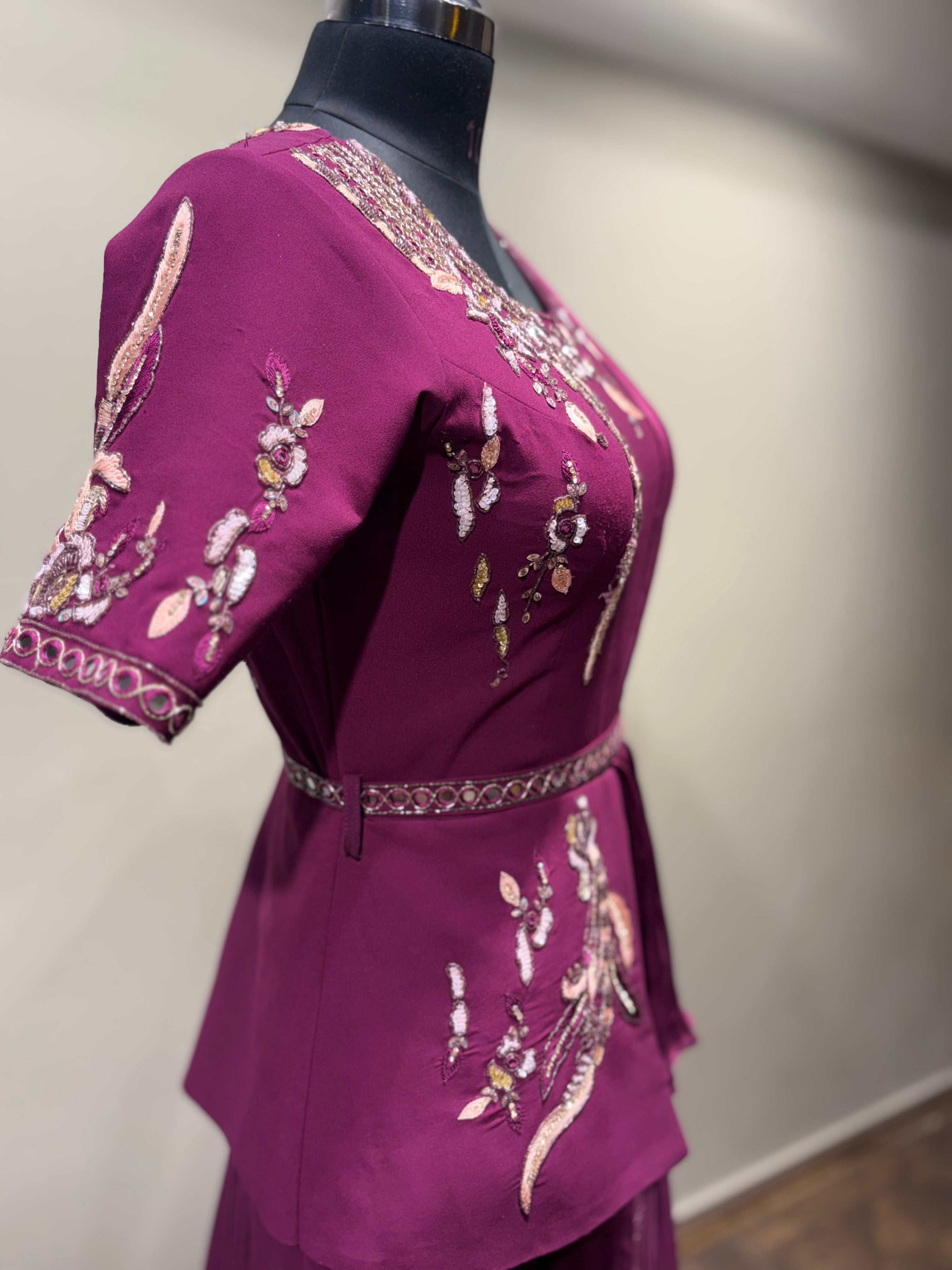 Wine Pre-Draped Saree Gown with Embroidered Peplum Top (16137 D-9)