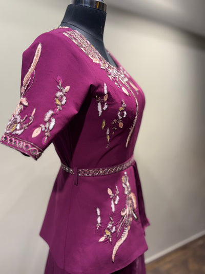 Wine Pre-Draped Saree Gown with Embroidered Peplum Top (16137 D-9)