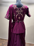 Wine Pre-Draped Saree Gown with Embroidered Peplum Top (16137 D-9)