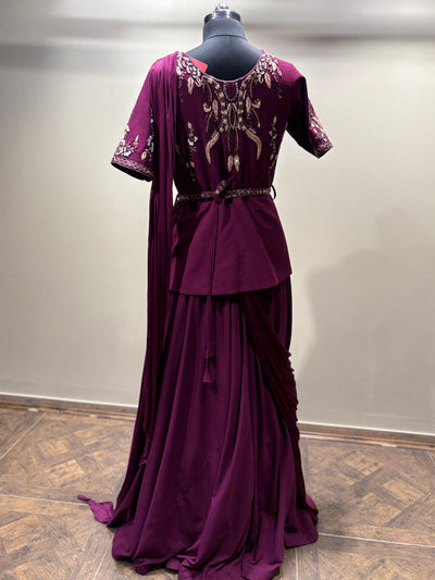 Wine Pre-Draped Saree Gown with Embroidered Peplum Top (16137 D-9)