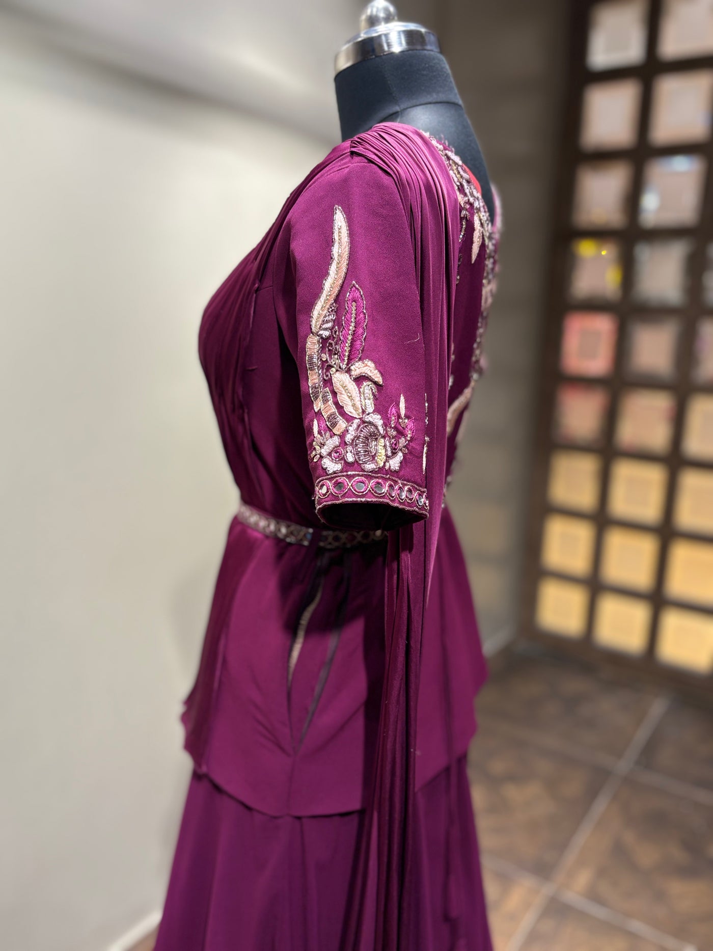 Wine Pre-Draped Saree Gown with Embroidered Peplum Top (16137 D-9)