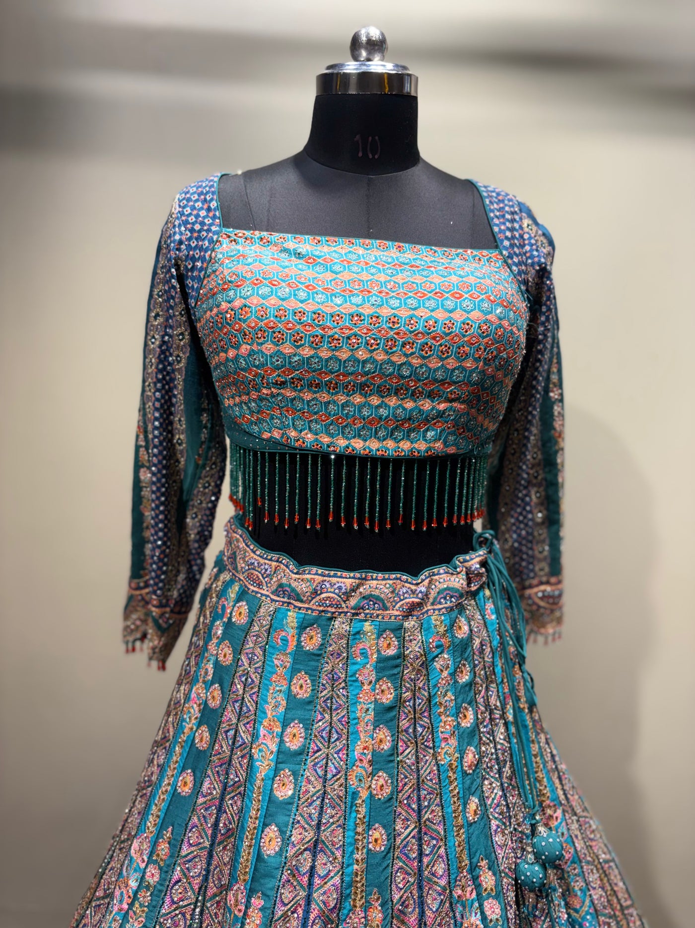 Teal Aqua Geometric and Paisley Print Lehenga (CCRL-541 D-32)