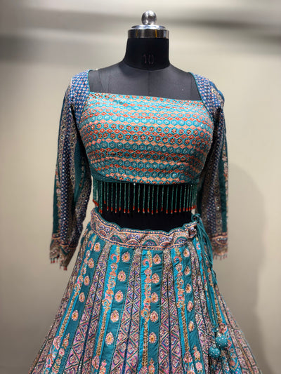 Teal Aqua Geometric and Paisley Print Lehenga (CCRL-541 D-32)