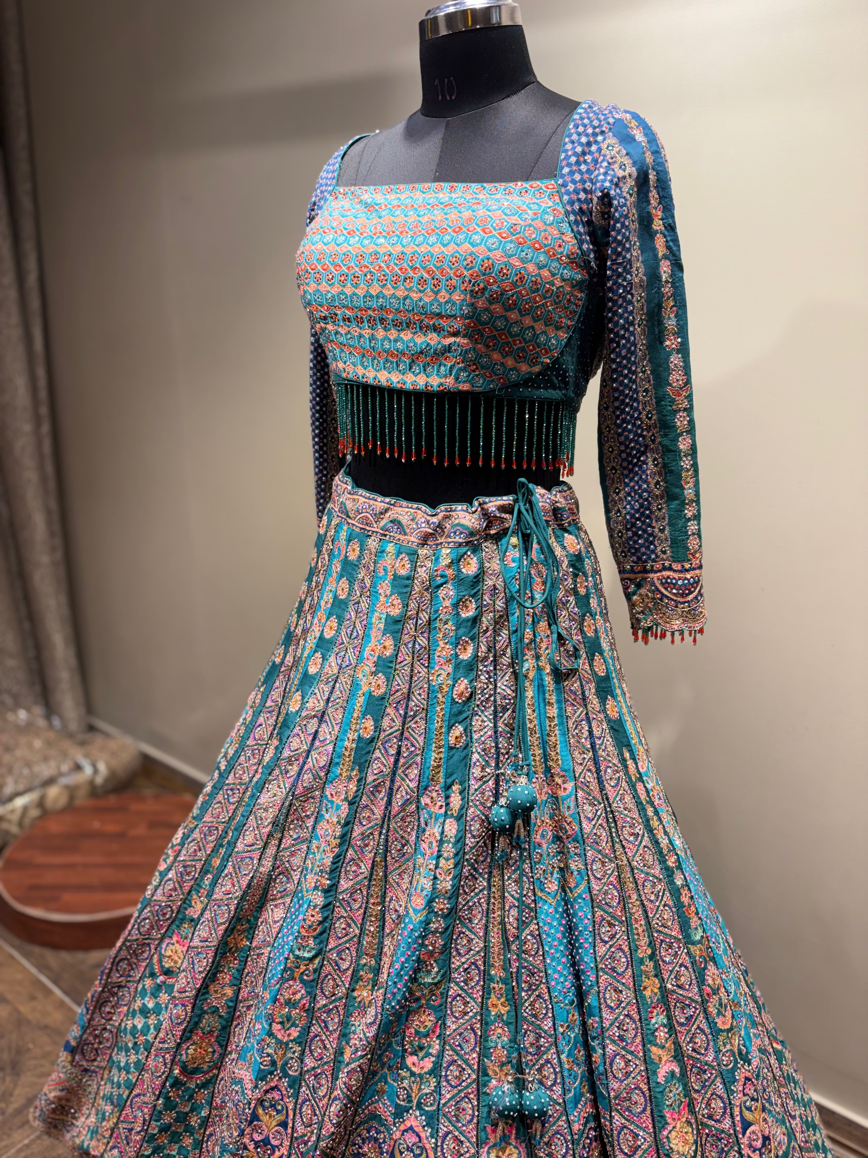 Teal Aqua Geometric and Paisley Print Lehenga (CCRL-541 D-32)