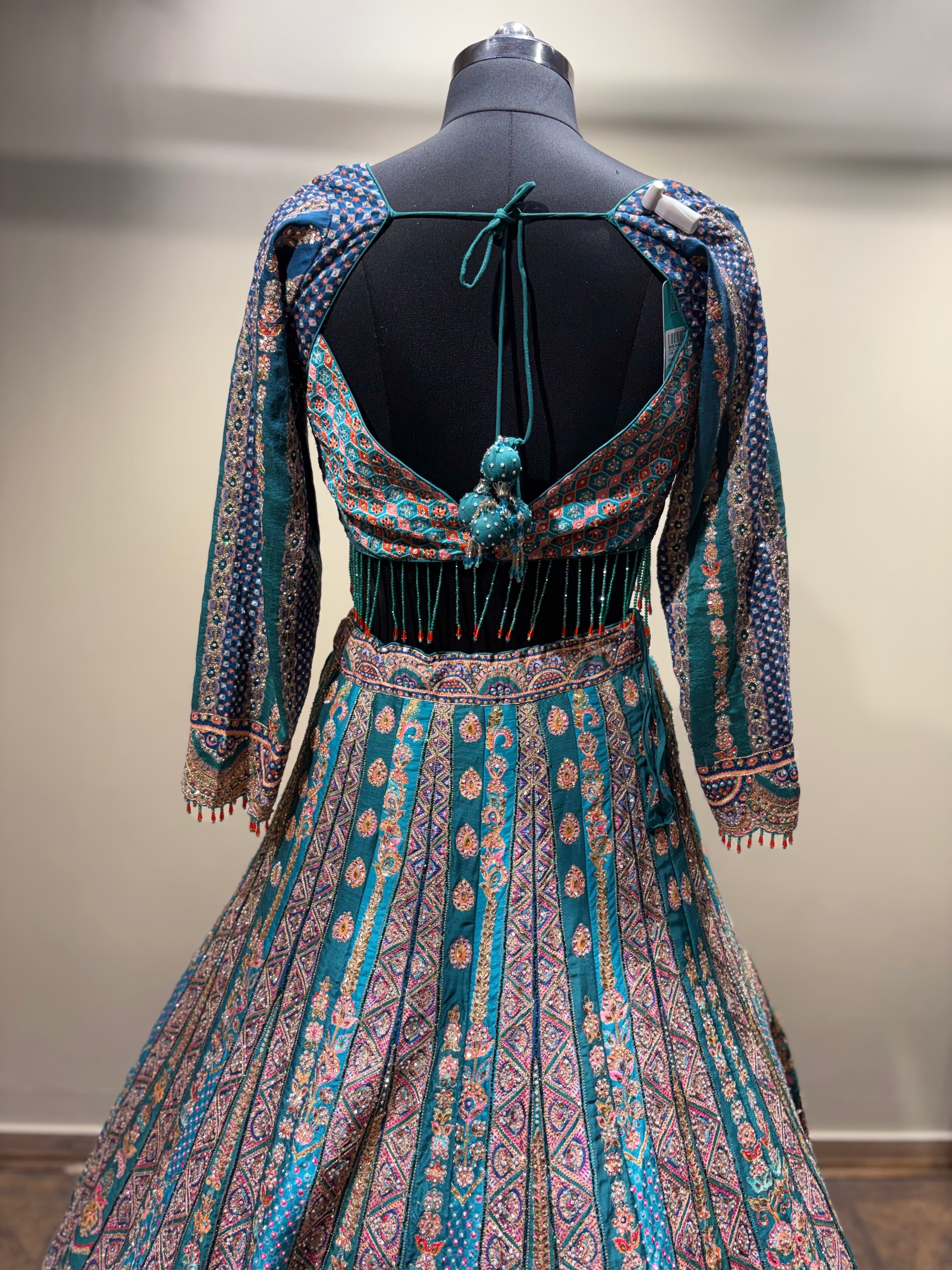 Teal Aqua Geometric and Paisley Print Lehenga (CCRL-541 D-32)