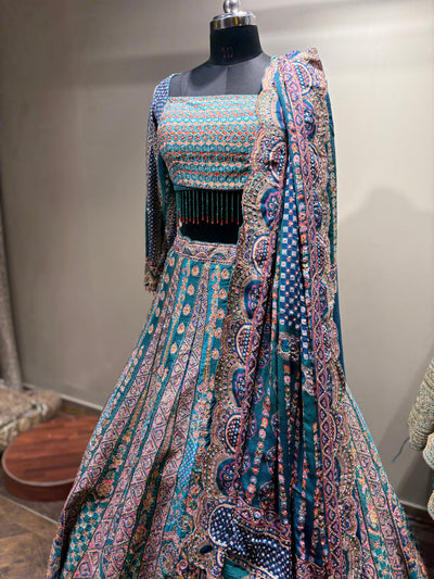 Teal Aqua Geometric and Paisley Print Lehenga (CCRL-541 D-32)